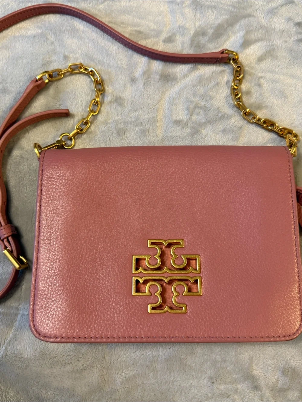 Tory Burch Rose Leather Crossbody with Gold Logo Chain